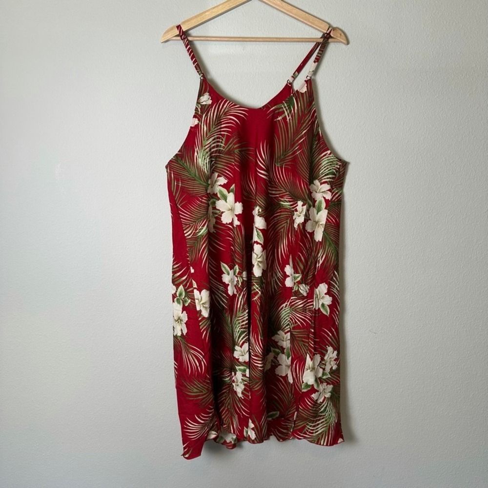 Rima Beachy Red Tropical Hibiscus‎ Palm Print Mini Dress XXL Hawaiian Resortwear